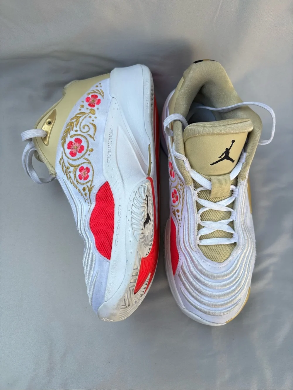 Jordan Men's White Sneakers with Pink Floral and Gold Accents